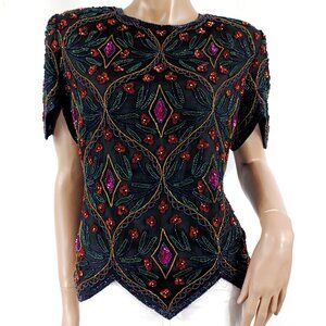 STENAY Blouse Top SS XL Bead & Sequin Party Evening Black Silk Vintage